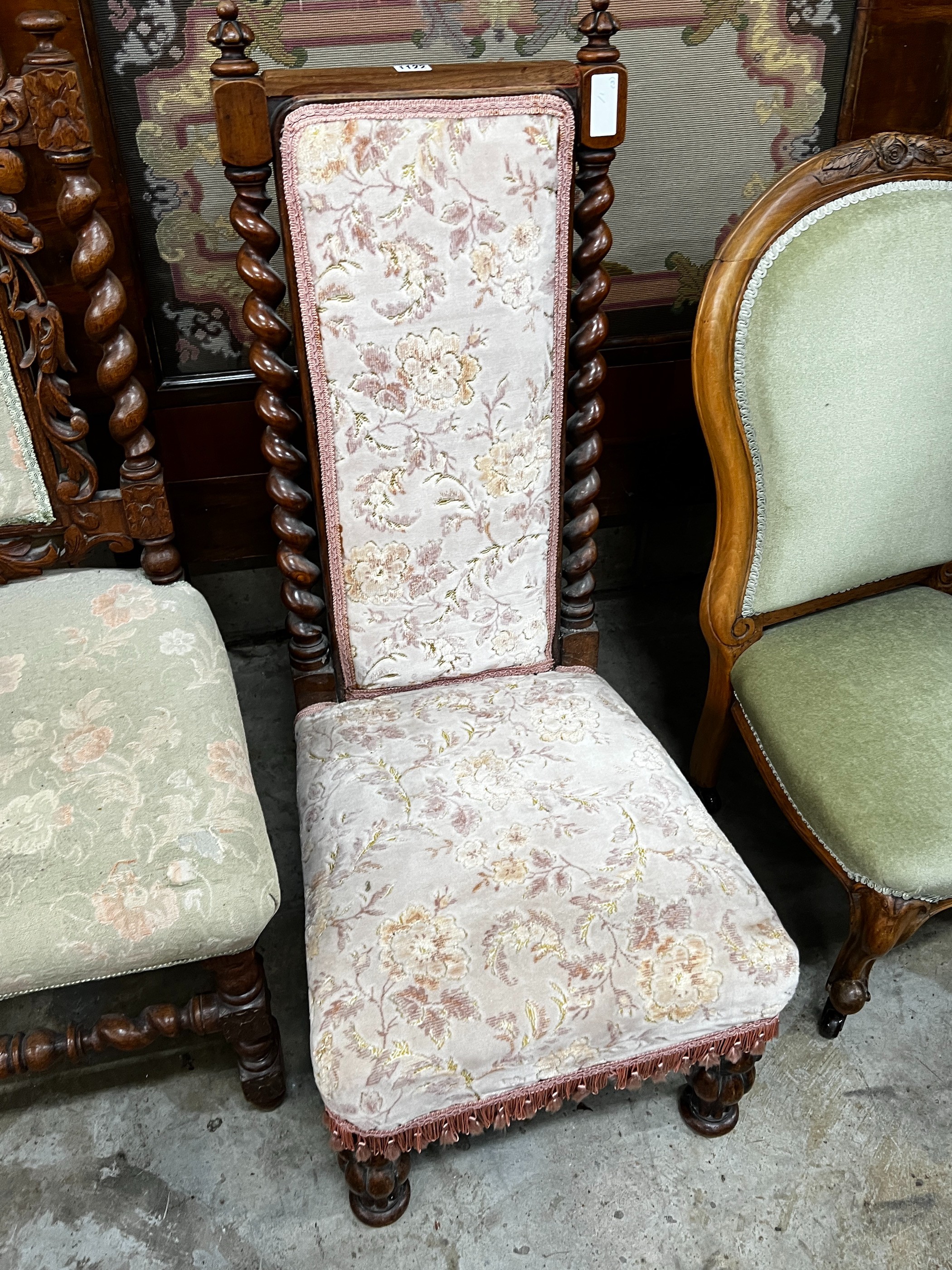 A Victorian walnut prie-dieu nursing chair, an oak barley twist single chair and one other chair